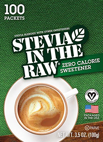 Stevia In The Raw, Plant Based Zero Calorie, No Erythritol, Sugar Substitute, Sugar-Free Sweetener for Coffee, Hot & Cold Drinks, Suitable For Diabetics, Vegan, Gluten-Free, 100Count Packets (1 Pack)