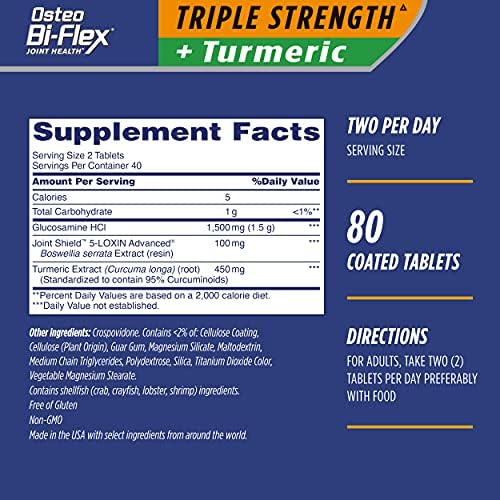 Osteo Bi-Flex Triple Strength Glucosamine Supplement with Turmeric Extract | Improve Joint Function, Antioxidant Power, 80 Coated Tablets