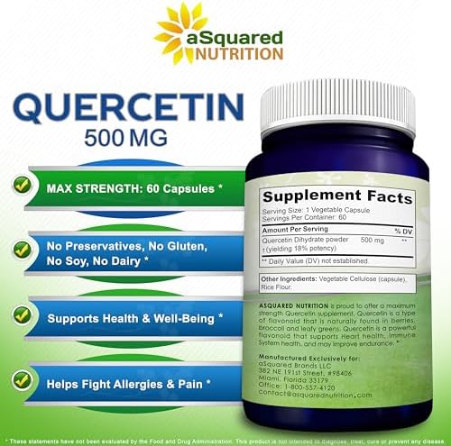 Quercetin 500mg Supplement - 200 Capsules - Dihydrate Powder Complex Pills | Max Strength Quercetin Dihydrate Supplements to Support Cardiovascular Health & Help Improve Immune Response