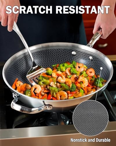 Cooks Standard Multi-Ply Clad 12 Inch Stainless Steel Wok Pan, Stir Fry Pan with Glass Lid, Induction Cookware, Dishwasher & Oven Safe, Compatible with All Cooktops