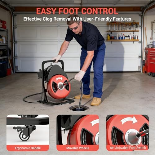 100Ft 3/4 Inch Drain Cleaning Machine. Sewer Snake 750w Auto Feed | Portable Drain Cleaning Machine Electric Drain Auger Sewer Auger with 6 Cutter Air-Activated Foot Switch for 4" to 8" Pipes