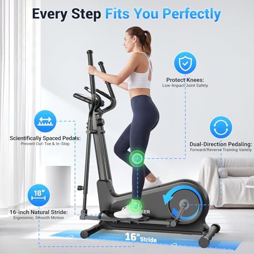 ANCHEER Elliptical Exercise Machine Foldable Elliptical Trainer 16" Stride | Ultra-Silent Elliptical Machine for Home, 550LBS Loading Capacity, 16 Resistance Levels &Pulse Rate Grips &Adjustable Pedals