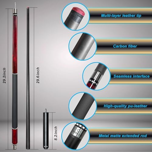 HomeSeason 58inch Carbon Fiber Pool Cue Stick with Screw-in Extension and Leather Case, 18oz Low Deflection Professional Cue Stick for Billiards, 13mm Tip
