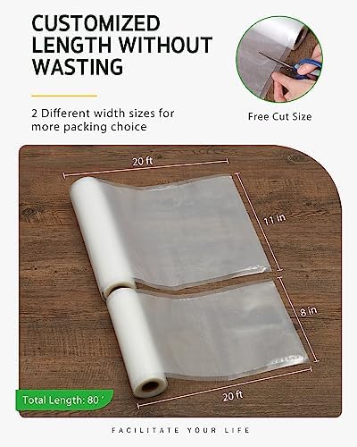 Syntus Vacuum Sealer Bags for Food, 3 Rolls 11" x 20' and 3 Rolls 8" x 20'