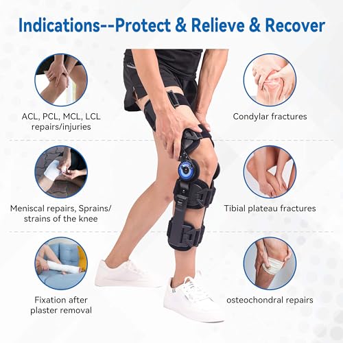 Hinged ROM Knee Brace, Adjustable Post Op Immobilizer for ACL MCL Recovery Walking Exercises