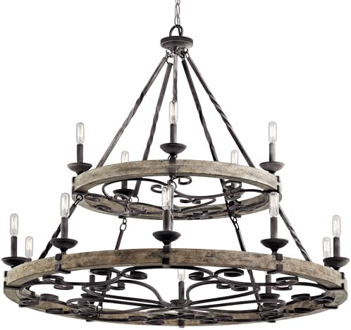 Kichler Taulbee 15-Light 2-Tier Chandelier, Weathered Zinc | Two-tier chandelier with weathered gray wood accents (44" x 38.75"), 43826WZC
