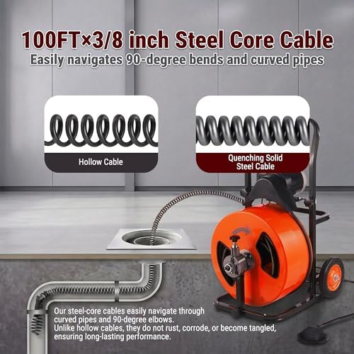 HoldwellS 50FT x 5/16 Inch Drain Cleaner Machine, Electric Drain Auger for 3/4"-3" Pipes, Sewer Snake Auger with 4 Cutters & Pneumatic Foot Switch