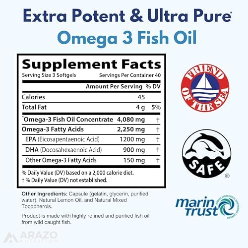 Arazo Nutrition Wild Caught Omega-3 Fish Oil Concentrate – 4,080mg per Serving – High EPA 1200mg & DHA 900mg – 120 Burpless Lemon Softgels