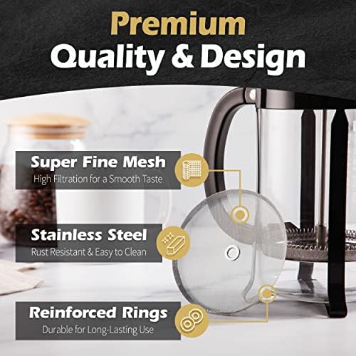 French Press Replacement Filter (2pack) - Includes Metal Center Ring - Universal 8Cup Stainless Steel Reusable Filter