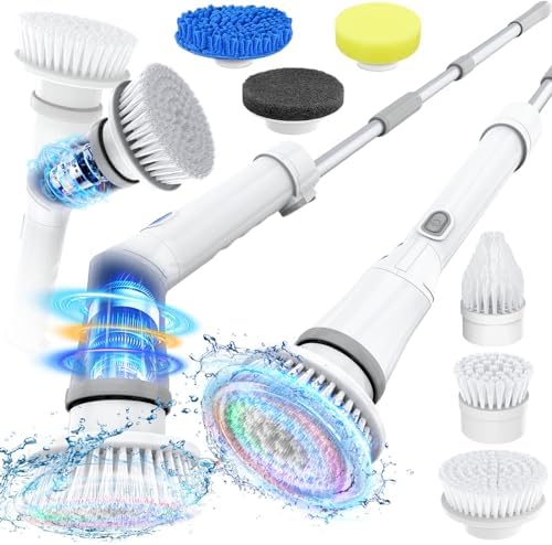 Electric Spin Scrubber, Cordless Shower Spin Scrubber with Dual Speed, 6 Replacement Brush Heads & Adjustable Extension Arm, 2H Bathroom Scrubber
