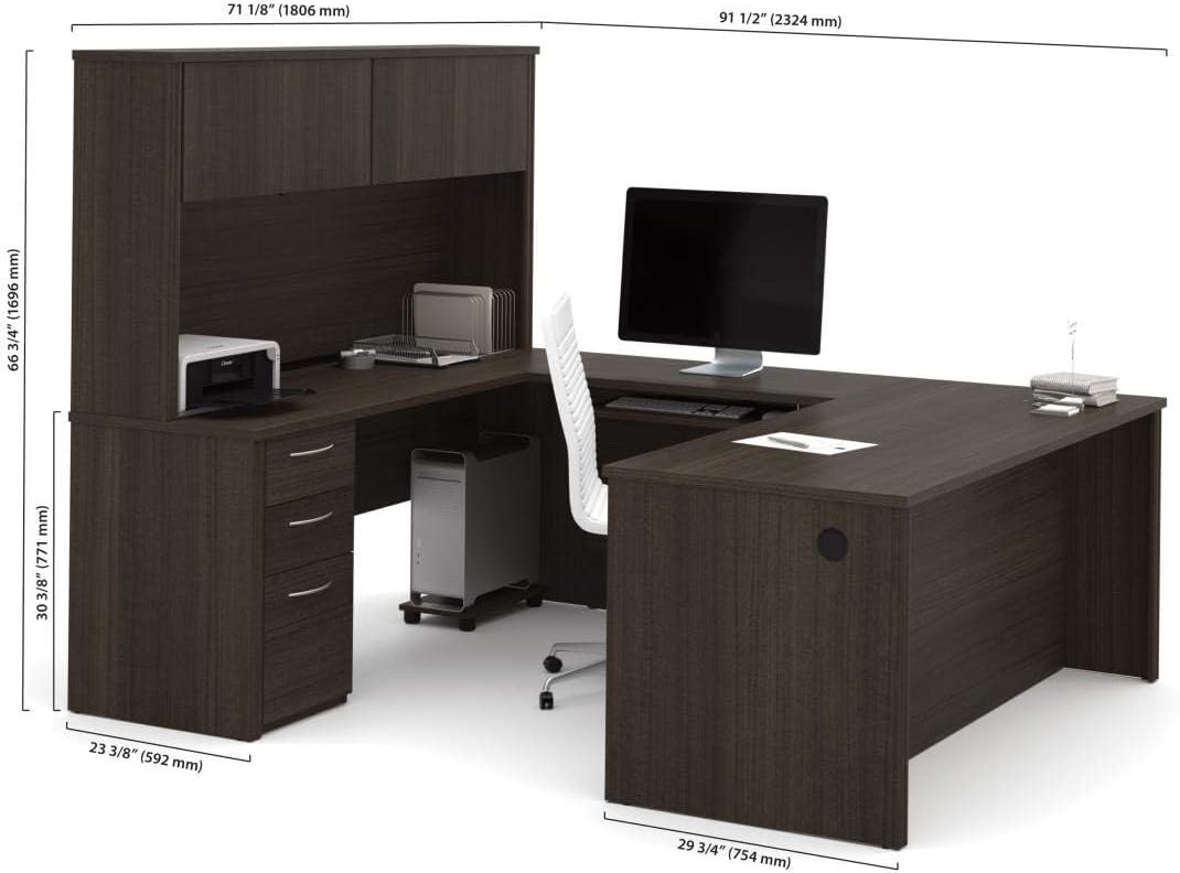 Pemberly Row 71" U-Shaped Computer Desk with Hutch, Dark Chocolate Finish, Melamine and High-Density Particle Board, Reversible Design