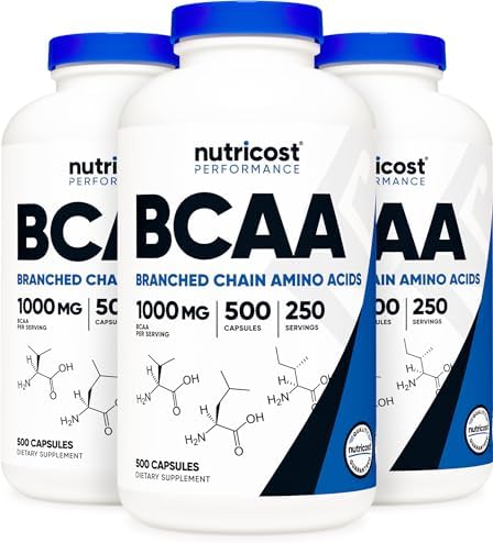 Nutricost BCAA 1000mg, 500 Capsules, 2:1:1 Branched Chain Amino Acids | 250 Servings, 500mg L-Leucine, 250mg L-Isoleucine, 250mg L-Valine
