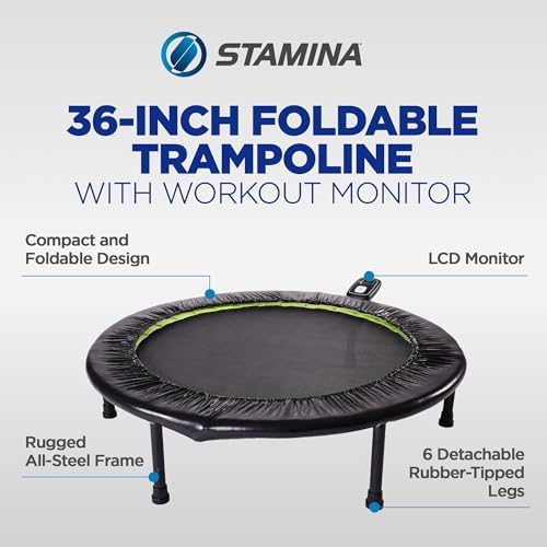 Stamina 36" Foldable Mini Trampoline Rebounder for Adults with Smart Workout App, Black - Portable Fitness Equipment for Home Gym, Cardio and Jumping Training Exercise