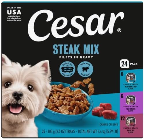 Cesar Filets in Gravy Wet Dog Food, Steak Mix Variety, 3.5 oz, 24 Count | Filet Mignon, New York Strip & Prime Rib, real meat, slow-cooked, no fillers/added sugar/artificial flavors, easy peel trays