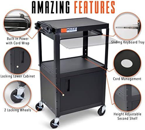 Line Leader AV Cart w/Locking Cabinet, Black Metal Utility Cart with Storage Shelf - Height Adjustable, Mobile and Great for Offices, Classrooms, Libraries (Black, 24in x 18in)