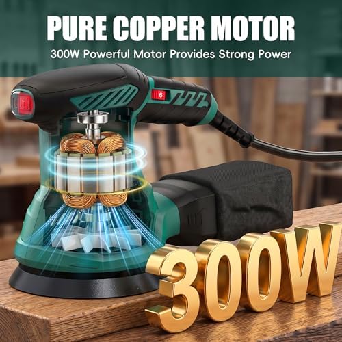 HYCHIKA 5-Inch Random Orbital Sander, 13000RPM Electric Palm Sander with 6 Variable Speeds, Powerful Motor