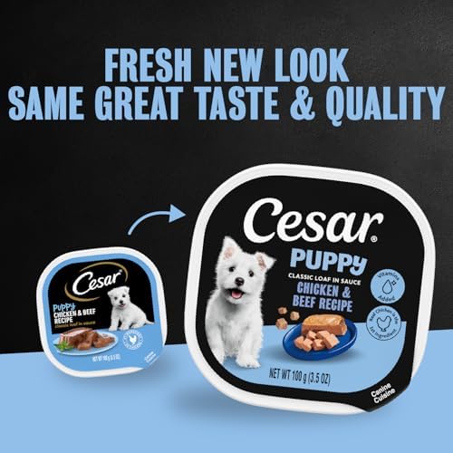 Cesar Puppy Classic Loaf Wet Dog Food, Chicken & Beef, 3.5 oz, 24 Count | Real chicken #1 ingredient, made in USA, no fillers or artificial flavors, essential nutrients, slow-cooked, easy peel trays