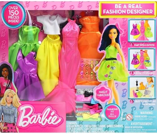 Barbie Be a Fashion Designer Kit - 5 Outfits & DIY Doll Dress Up Set | Create custom styles with glitter, ribbons
