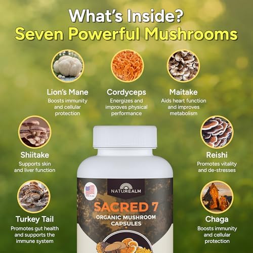 Sacred 7 Brain Mushroom Powder, Organic 7-in-1 Blend 226 Servings | Seven fruiting body extracts, lions mane cordyceps reishi, stirs into coffee or smoothies, 1000 mg scoop