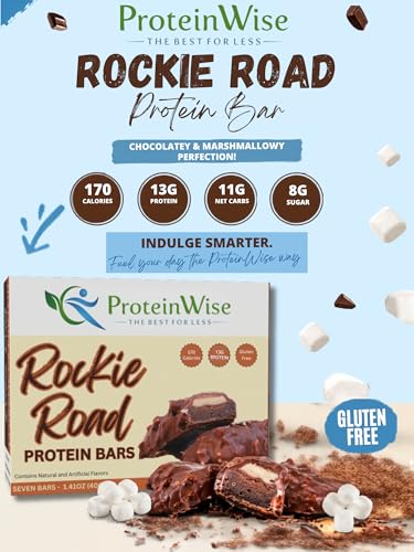 ProteinWise High Protein Bars, Rocky Road, Bariatric, Trans Fat Free, Low Carb, Low Calorie, Diet Healthy Snack, 7 Count