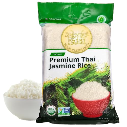 20 Pounds (LBS) Organic Premium Thai Hom Mali Jasmine Rice | Endorsed By Pro Chefs | Four Elephants Brand | Cooking Instructions Packaging
