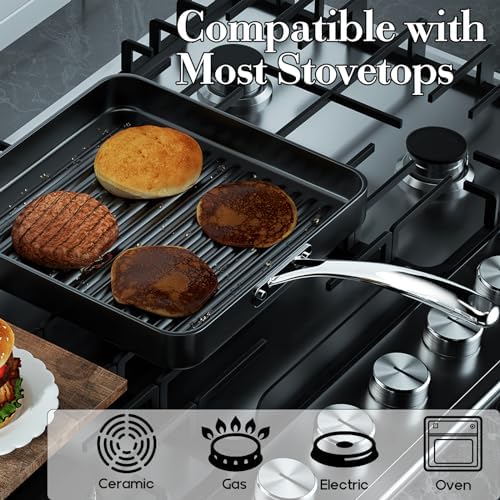 Cooks Standard 11-Inch Square Nonstick Grill Pan for Stovetop | Hard Anodized Grilling Pan for Indoor & Outdoor, Ribbed Surface, Stay-cool handle