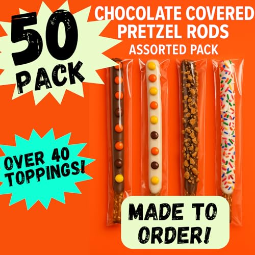 Chocolate Covered Pretzel Rods Gourmet Pretzel Sticks with Rainbow Sprinkles & Assorted Toppings Bulk 50 pack Individually Wrapped Chocolate Covered