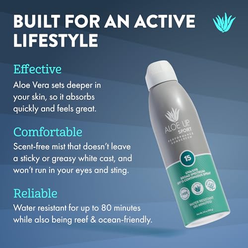 Aloe Up Sport Sunscreen Spray SPF 15, Water Resistant, Non-greasy, 6 oz | Broad-spectrum SPF 15; Water resistant up to 80 min; Non-greasy, With aloe vera gel, fragrance-free