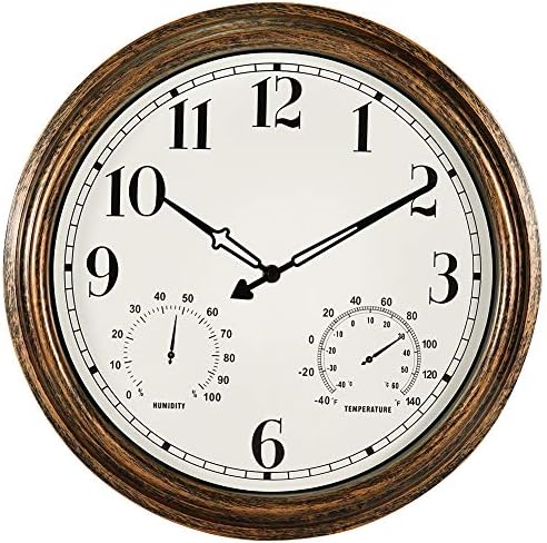 16 Inch Large Outdoor Wall Clock, Waterproof Vintage Non-Ticking Clock with Thermometer and Hygrometer Combo