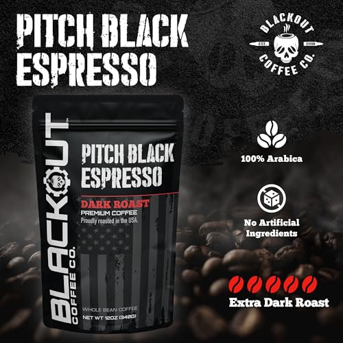 Blackout Coffee Pitch Black Espresso Whole Bean Coffee – Extra Dark Roast, European-Style, Powerfully Bold – Freshly Roasted 12oz Bag.