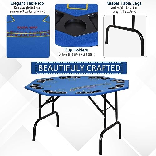 Soozier Poker Table Foldable 47" Octagon 8 Players Cup Holders Blue Felt