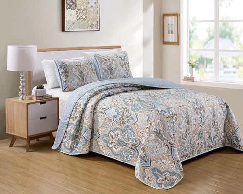 Luxury Home Collection 3 Piece Full/Queen Quilted Reversible Coverlet Bedspread Set Floral Printed Blue Taupe