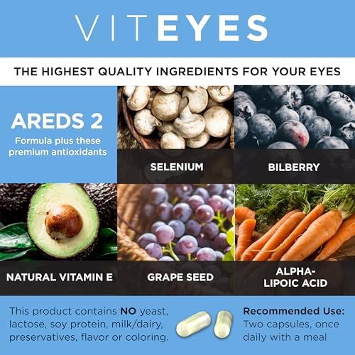 Viteyes AREDS 2 Advanced Eye Vitamins, Macular Support with Bilberry, grapeseed, FLORAGLO Lutein, Selenium, Natural Vitamin E, Allergen Free, Vision Protection, Eye Doctor Trusted, 180 Count
