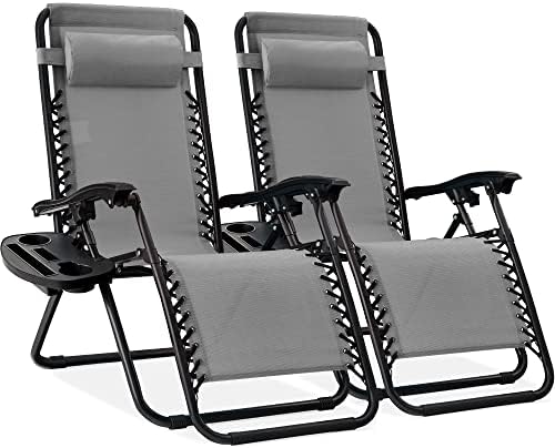 Best Choice Products Set of 2 Adjustable Steel Mesh Zero Gravity Lounge Chair Recliners w/Pillows and Cup Holder Trays - Light Blue