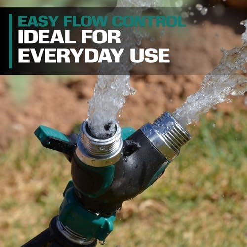 Hose Splitter 2 Way Heavy Duty Outdoor Faucet and Garden Connector - Water Spigot Splitter - Durable All-Metal Y Adapter with Shut-Off Valve - 4 x 4 x 1.5 Inches