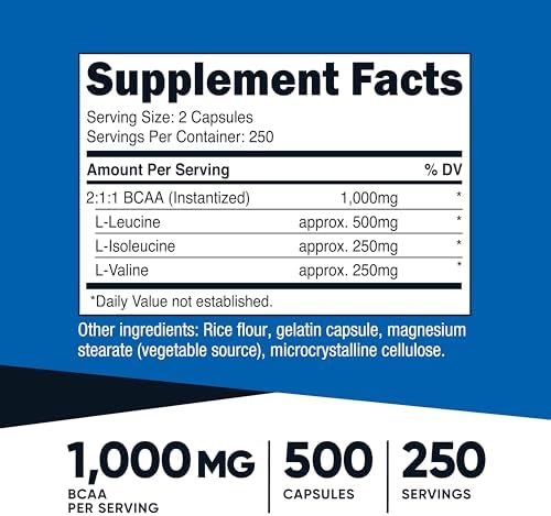 Nutricost BCAA 1000mg, 500 Capsules, 2:1:1 Branched Chain Amino Acids | 250 Servings, 500mg L-Leucine, 250mg L-Isoleucine, 250mg L-Valine