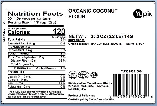 Yupik Organic Coconut Flour 2.2 lb (35.2 oz), USDA Certified, Gluten-Free, GMO-Free, Raw, Vegan, Low-Calorie, Finely Milled, Wheat Alternative & Grain Meal, Ideal for Baking & Cooking