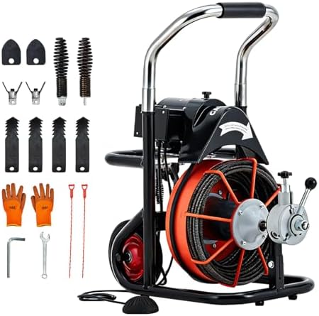 100FT x 3/8 Inch Drain Cleaning Machine with 10 Cutters & Air-Activated Foot Switch, Auto Feed Drain Snake Auger on Wheels