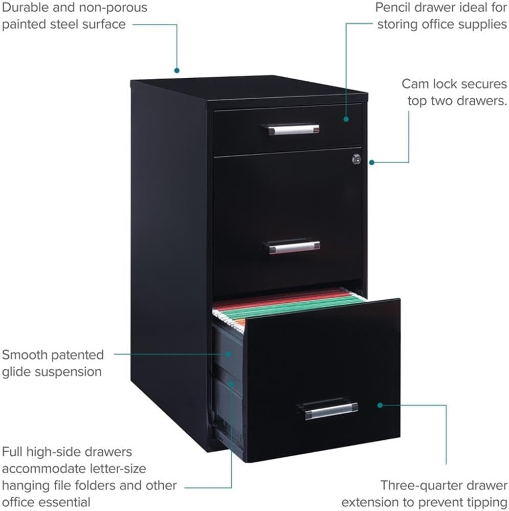 Scranton & Co 3-Drawer Metal Filing Cabinet, 27.32" H x 14.25" W x 18.00" D, Pearl White Finish, Locking Storage with Letter-Size File Drawers, Non-Porous Painted Steel for Home or Office