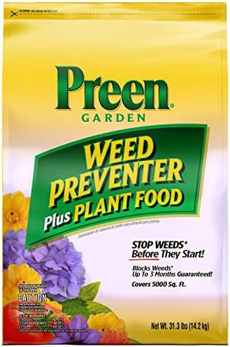 Preen Garden Weed Preventer Plus Plant Food 16 lb. Drum, Covers 2,560 sq ft | Granular All Purpose Fertilizer with Pre Emergent Weed Control for Gardens – Prevents Weeds and Feeds Plants
