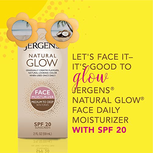 Jergens Natural Glow Self Tanner Face Moisturizer with SPF 20 Facial Sunscreen, Medium to Deep Skin Tone, Sunless Tanning, Oil Free