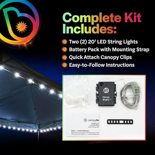 Brightz LED Canopy Lights, White 40ft String Light for 10x10 Tents | Outdoor canopy tent lights, football tailgate essentials & accessories