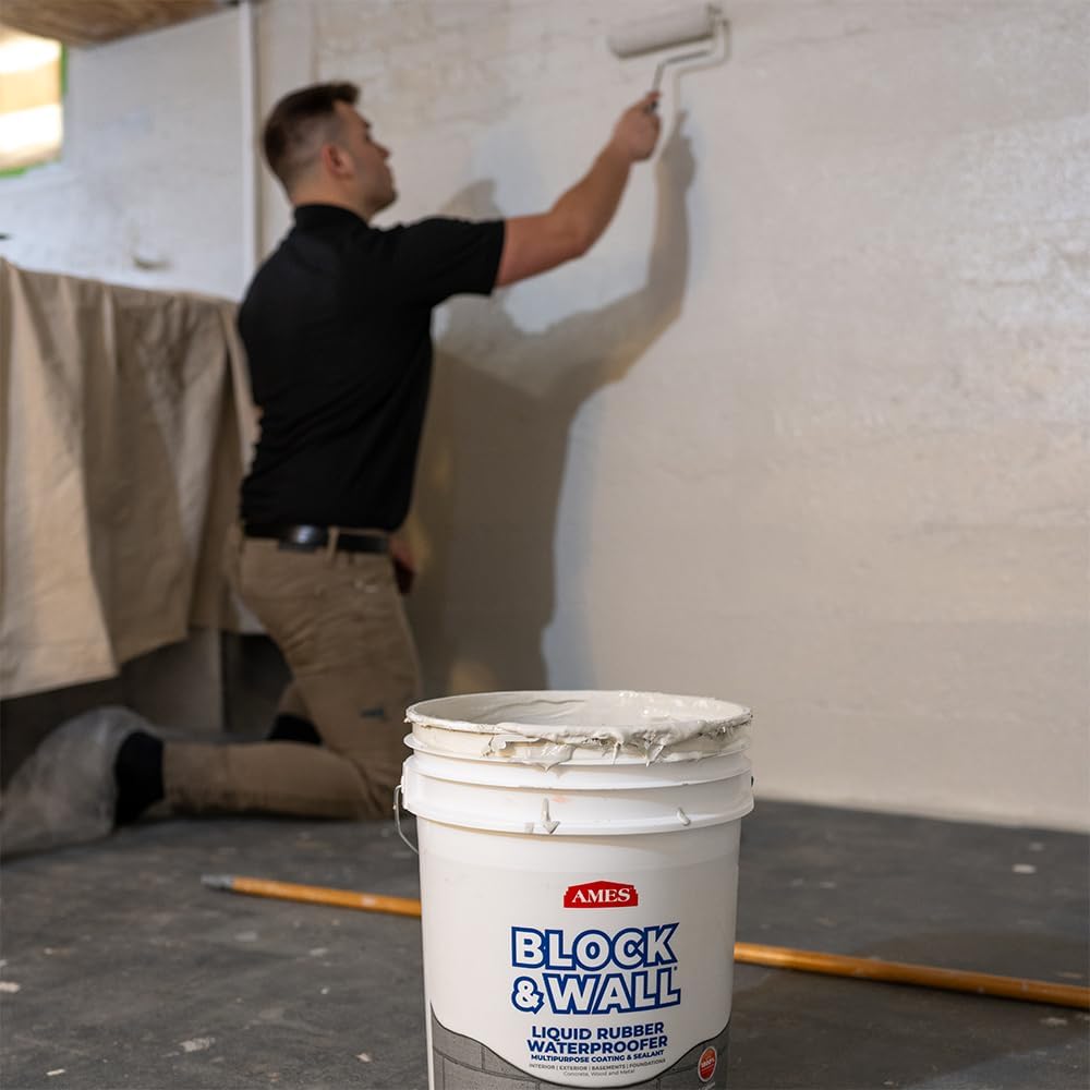 Ames Block & Wall™ Liquid Rubber Waterproofer Multi-Purpose Coating & Sealant - 1 Gallon - Perfect to Use As Concrete Sealer and Waterproofer for Basements and Foundations - Made in The USA, White | Flexible waterproof membrane for foundations, basements…