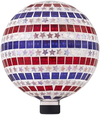Alpine Corporation 10" Diameter Indoor/Outdoor Patriotic Glass Stars and Stripes Gazing Globe Yard Decoration, Red, White and Blue