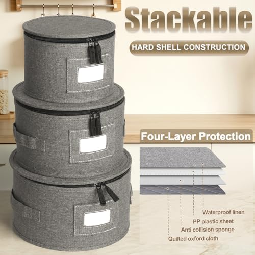 4PCS China Storage Containers, Hard Shell Dish Storage Containers w/ Felt Dividers, Quilted Plate Storage Cases for 12 Place Setting Charger Plates Dinnerware, Stackable Moving Boxes for Dishes