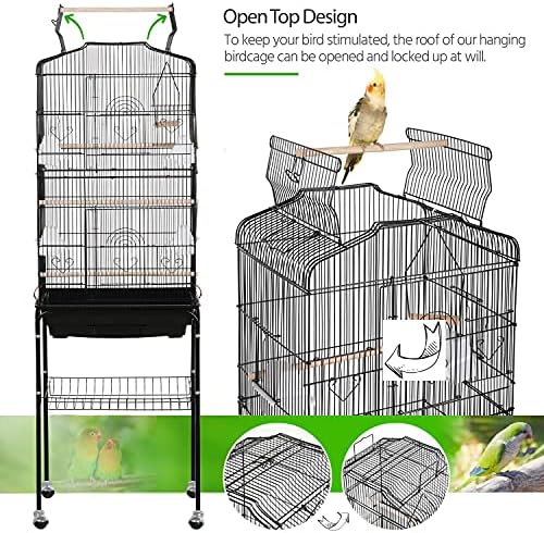 Yaheetech 64'' Open Top Bird Cage for Parakeets & Cockatiels, Black | Detachable Rolling Stand, Easy-clean Slide Tray, Multi-door Access, 3/8" Bar Spacing, Indoor/Outdoor Use