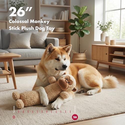 Pet Lou 26 Inch Colossal Monkey Stick Plush Dog Chew Toy with Grunter & Squeakers, Durable Fleece Interactive Dog Toy for Fetch