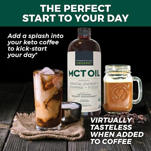 Viva Naturals Organic MCT Oil, 32 fl oz – MCT Oil for Coffee, USDA Organic, Non-GMO, Paleo Certified & Keto Friendly, Supports Energy & Mental Clarity