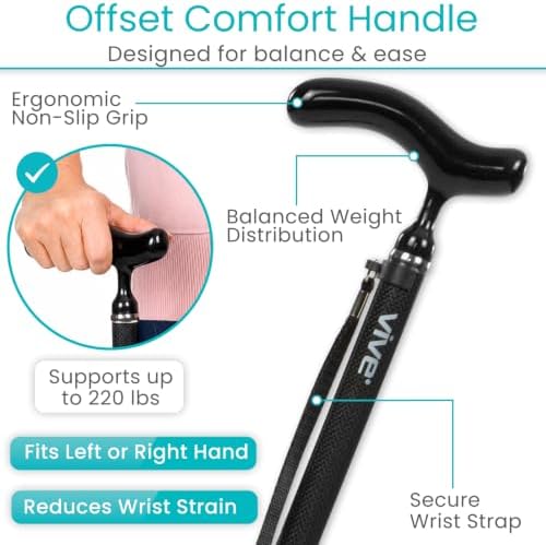 Vive Ultra-Lightweight Quad Cane - Carbon Fiber Walking Stick for Men | Women - Adjustable Ergonomic Grip Handle - Nonslip 4 Prong Rubber Tips for