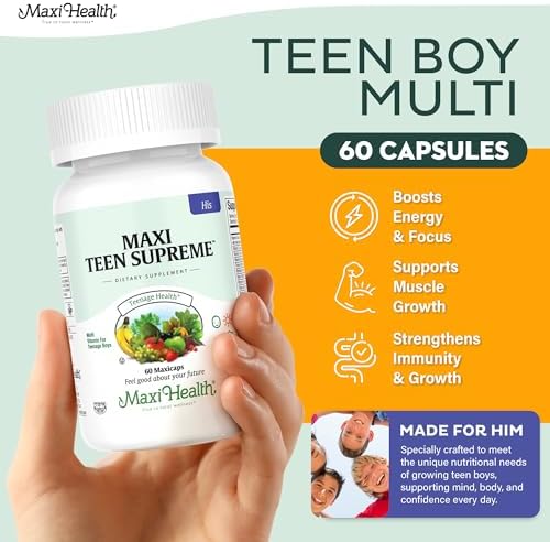 Teen Vitamins for Boys 12-17 - Teen Multivitamin Supreme with D3, Iron, Calcium, Biotin, Digestive Enzymes – Teenager Boy Multi Vitamins for Energy, Brain & Mood Support – 60 Count
